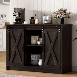 Farmhouse Coffee Bar, 42 Inch Coffee Bar Cabinet, Espresso
Sliding Barn Doors, Adjustable Shelves, Coffee Station Cabinet for Small Spaces, Kitchen, D