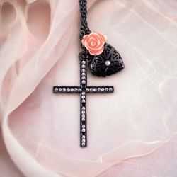 Black Metal Cross | Black Heart Locket | Pink Rose Charm Necklace
