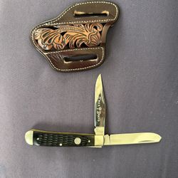 Boker TS 2.0 Jigged Bone Trapper Folding Knife And Leather Belt Scabbard