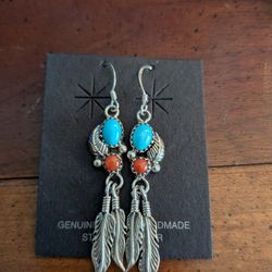 Genuine Indian Handmade Turquoise/Coral Sterling Silver Earrings 