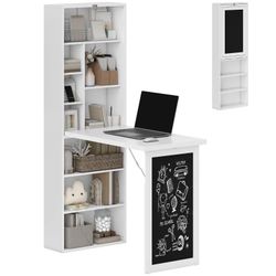 Fold-out Convertible Office Desk, Wall Mount Computer Desk with Blackboard and Side Shelf, White