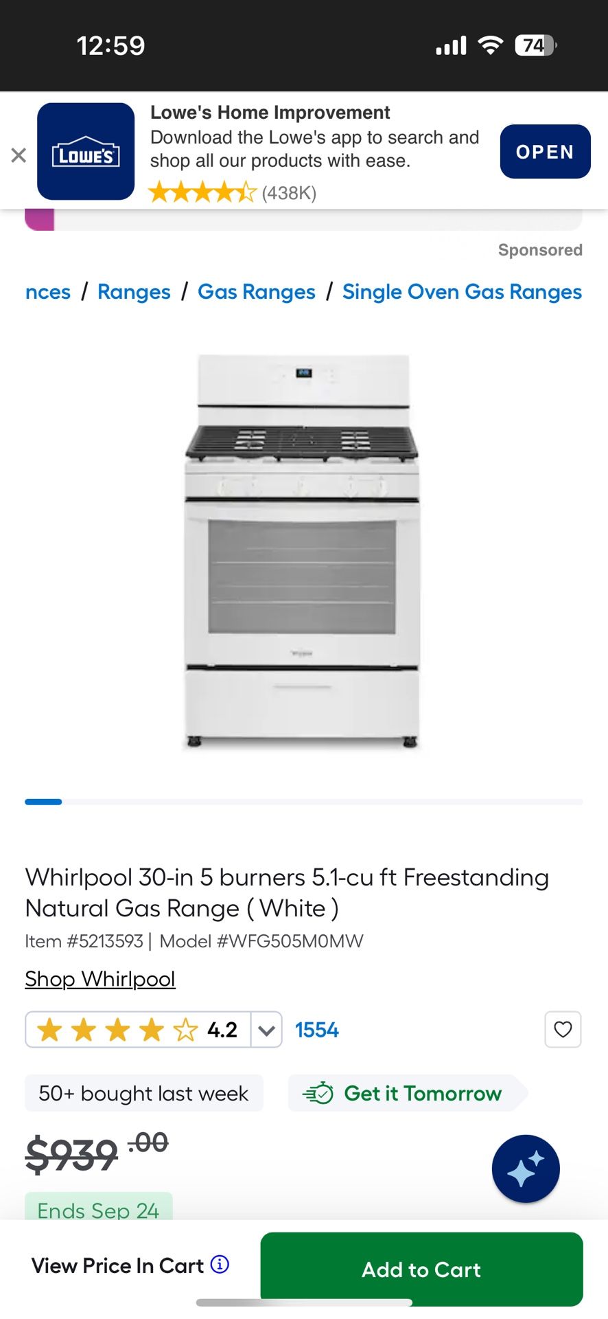 Whirlpool 5 Burner Gas Stove
