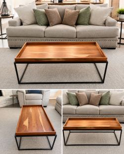 Simpli Home Carter Tray Top Coffee Table – Solid Acacia Wood | Modern Industrial | Like New