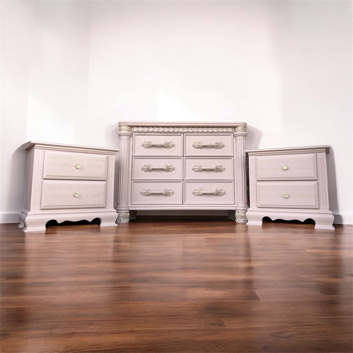 Blush Pink Dresser + Two Pair of Nightstands Bedroom Set