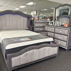 Gray Bedroom Set W/ Built-in LED Lights For Sale ( We Deliver) FREE MATTRESS & FREE NIGHTSTAND
