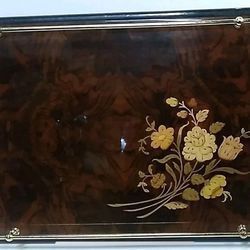 Vintage Italian Florentine Lacquer Serving Tray Faux Burlwood Gold Gallery Rail