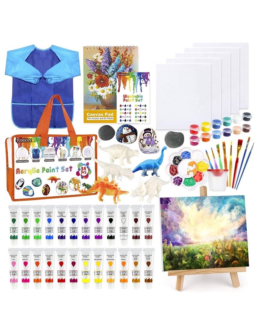 Kids Paint Set 55pcs Acrylic Paint Set with Rock Painting Set & Dinosaur Painting Kit for Kids Crafts & Kids Arts Set, Include 24 Washable Paints Tabl
