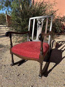 Antique Eastlake Victorian Style 1800s 1900s Vintage Wooden Rocking Chair Beautiful Carved Back Red Upholstered Seat Dark Medium Large Small
