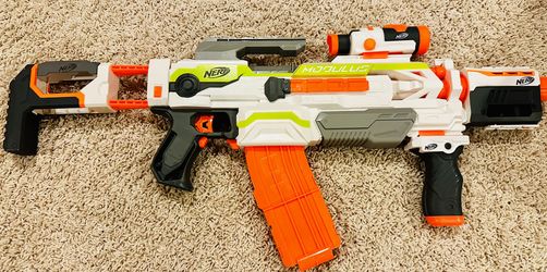 NERF Modulus, Removable Scope, Drop Grip, Barrel, Stock, 10-Dart Clip