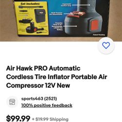 "Air HAWK Pro"  Automatic PORTABLE AIR Cordless Tire Inflater