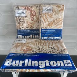 Vintage Burlington Shadow Fern Brown Queen Sheet Set Flat Fitted 2 Cases New in Pkgs Boho Hippie Nature