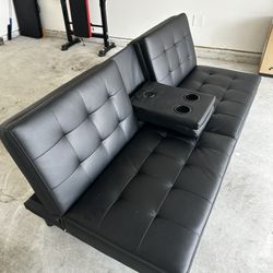 For Sale: Mainstays Memory Foam Futon with Cupholder & USB – Black Faux Leather – $125