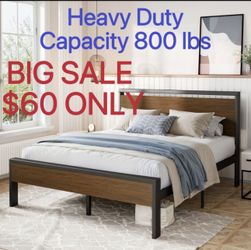 BIG SALE Queen Size Bed Frame, Heavy Duty Metal Platform Bed with Wooden Headboard