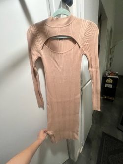 “House of Harlow” Beige Ribbed Knit Cutout Bodycon Dress