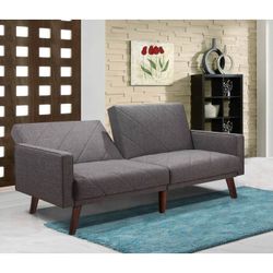 GRAY Fabric Split Back Stitching Lines Design Futon Couch w/ Armrest