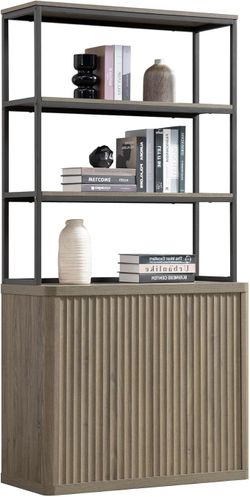 SICOTAS Book Shelf Fluted Bookshelf 71" Tall Bookcase with Doors Storage 5 Tier