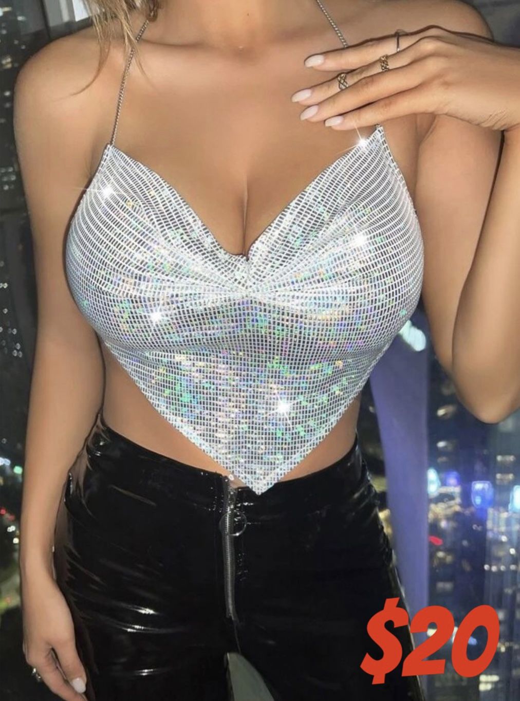 Backless Ruched Bandana Chain Detail Metallic Halter Top.