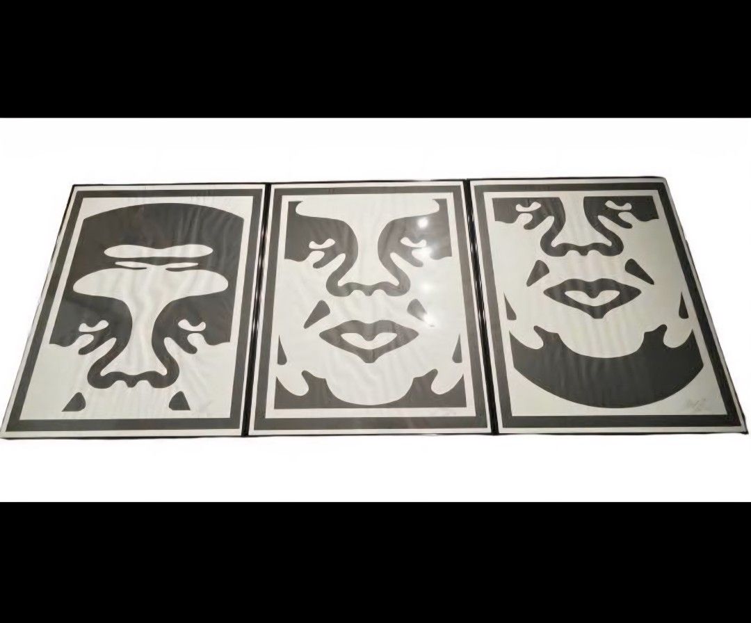 30”x25” “Obey 3-Face (White)" triptych by Shepard Fairey (signed) also known as OBEY This set of three offset lithograph prints features the iconic, s