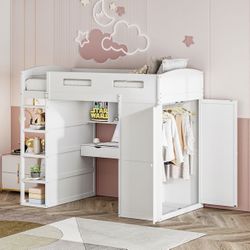 NicBex Twin Size Bunk Bed with Desk Wooden Bed Frame with Wardrobe, Drawers, Shelves, Ladder 