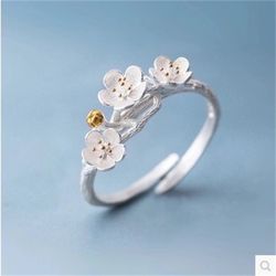 Korean 925 Sterling Silver Cherry Blossom Adjustable Spring Ring
