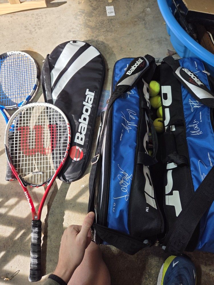 Two Rackets, One Racket Sleeve, 10+ Balls, and a Tennis Bag