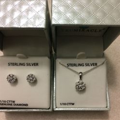 Sterling Silver Diamond 1/10 cttw Flower Pendant and Earring Set
