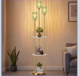 71" Green Floor Lamps with Shelves, Glass Standing Lamps with 3 Shade,Metal Tall Lamp with 3-layer Shelves, Stepless Dimming, Vintage Floor Lamps for