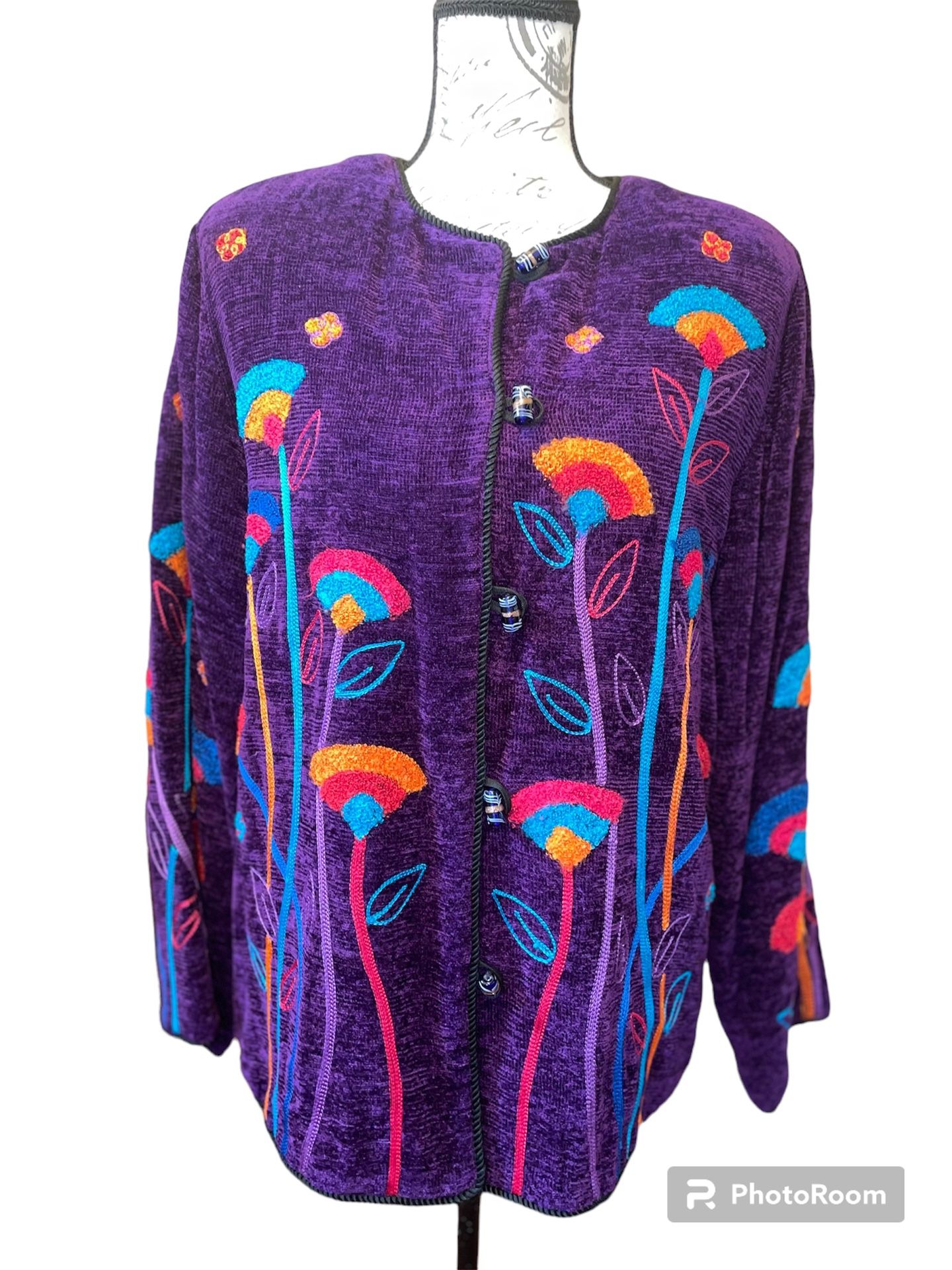 Women’s colorful multicolored jacket, button up, long sleeve, shoulder pads, Purple