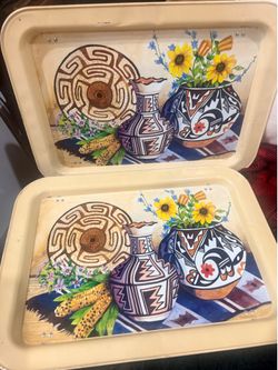 vintage Ponomarenko metal lap TV tray features a Southwestern scene with Native American vessels
