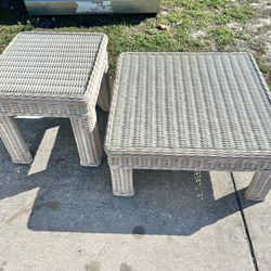 Wicker Coffee And End Table With Glass Tops 