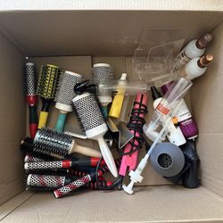 Box Full Of hair Brushes/ Styling Cream/ Products Etc. 