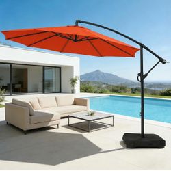 10ft Patio Umbrella with Base Included, Outdoor Offset Cantilever Umbrella with Sandbag Base for Backyard, Garden and Pool, Easy to Tilt and Crank, Re