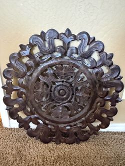 Large carved wood mandala wall art medallion 29”
