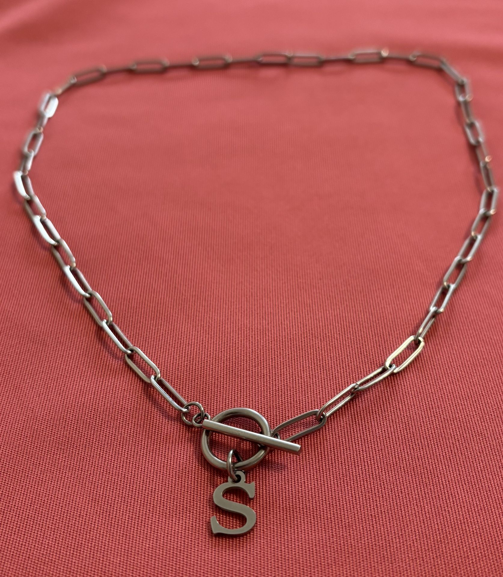 Silver Chain Link Choker Necklace with S Charm