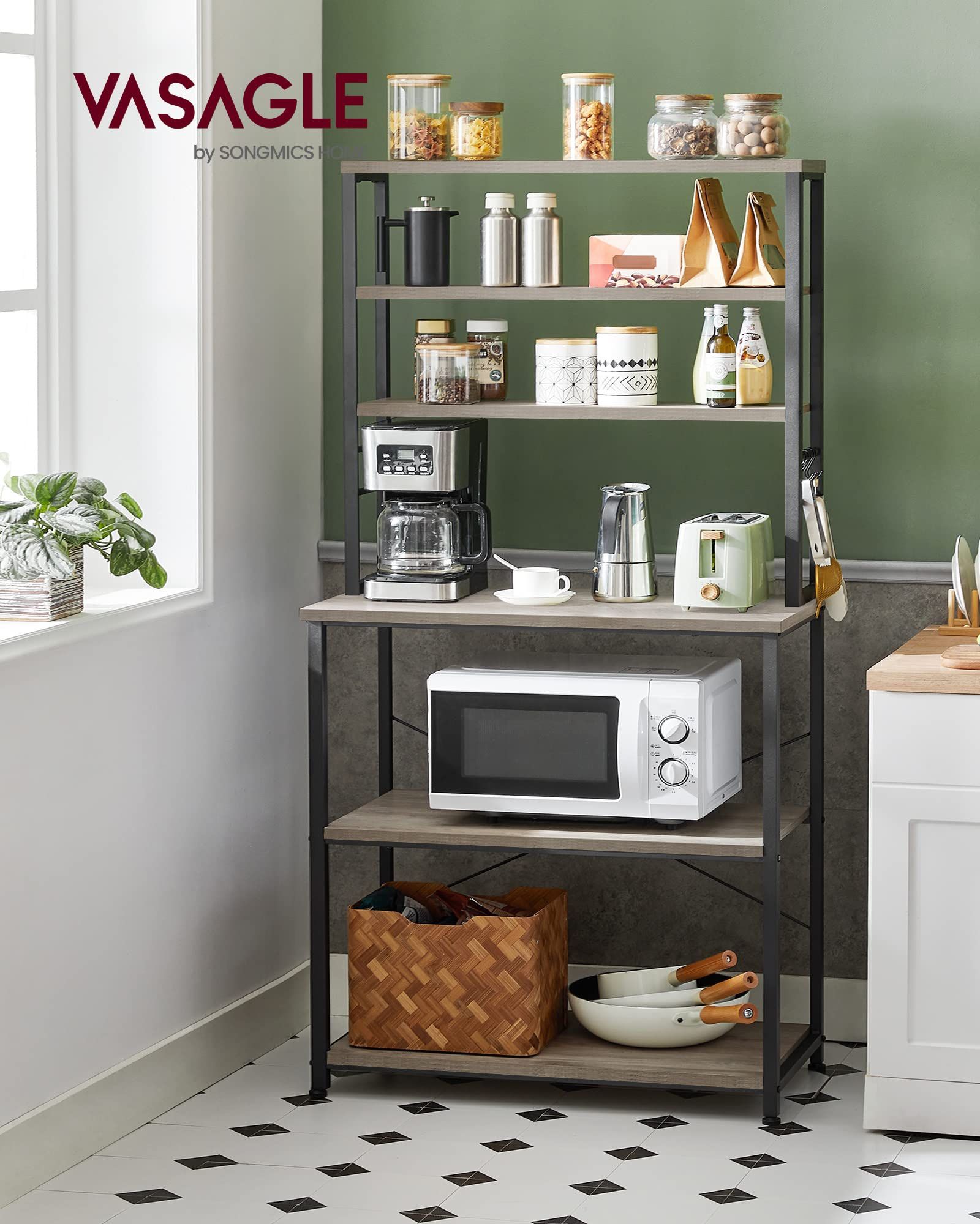 Coffee Bar/Rack /Kitchen Storage Tall Stand Shelf ,6 Hooks and Metal Frame