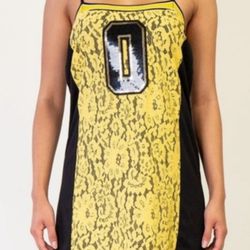Rehab Jersey Shift Dress With Front Lace/Number 0 Sequins, Yellow Size Small.