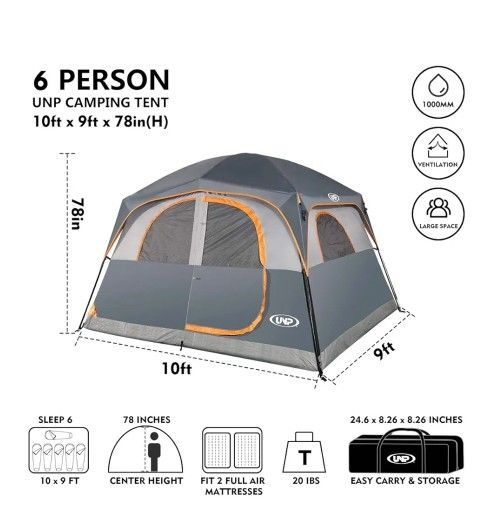 Tents 6 Person Waterproof Windproof Easy Setup,Double Layer Family Camping Tent with 1 Mesh Door & 5 Large Mesh Windows -10'X9'X78in(H)