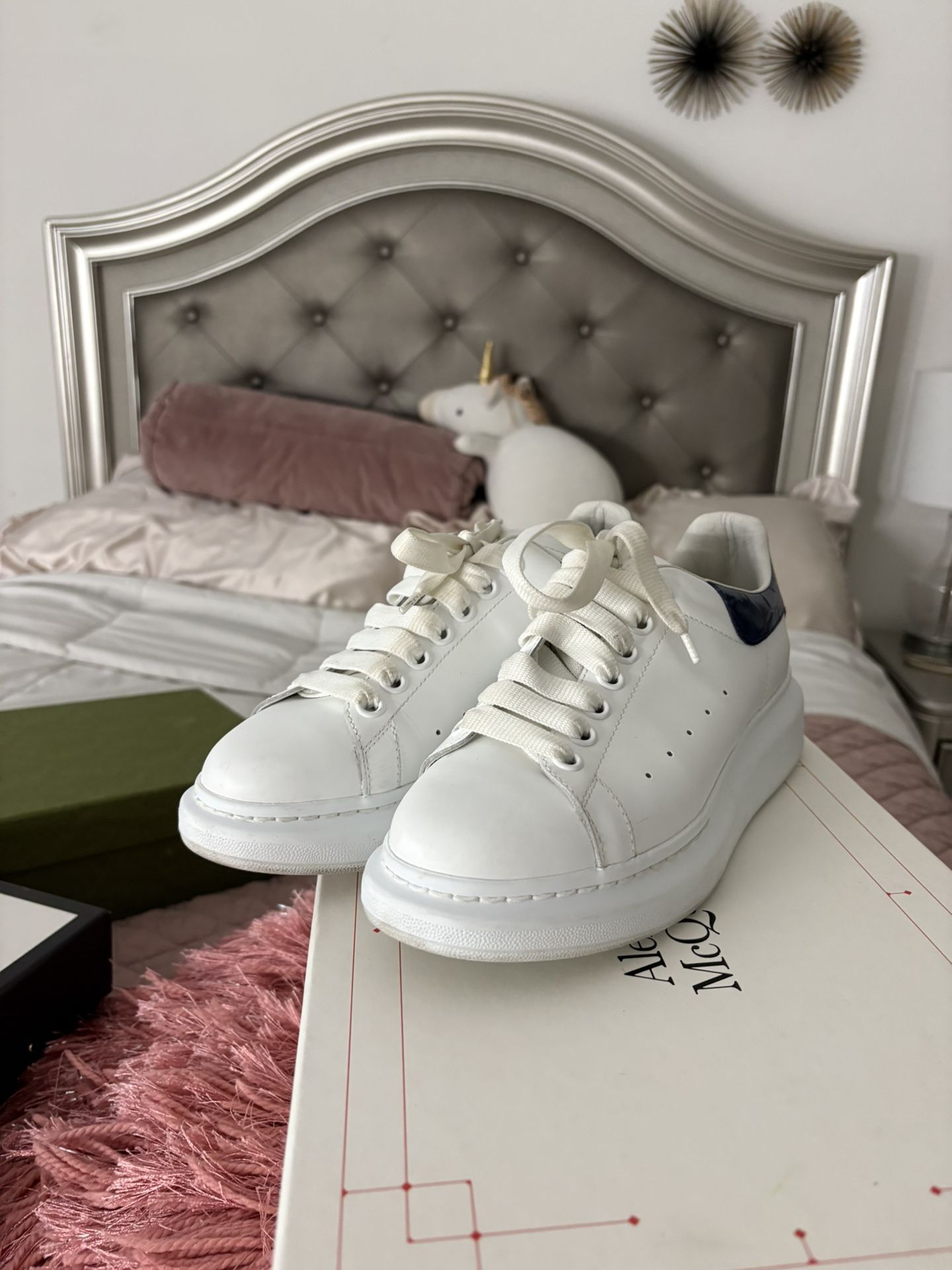 Alexandra Mcqueen: Oversized Sneaker in White/paris Blue,All Products : American Fashion Style Bags On Sale