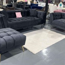 3 PIECE LIVINGROOM SOFA ARMCHAIR OTTOMAN CHARCOAL VELVET 