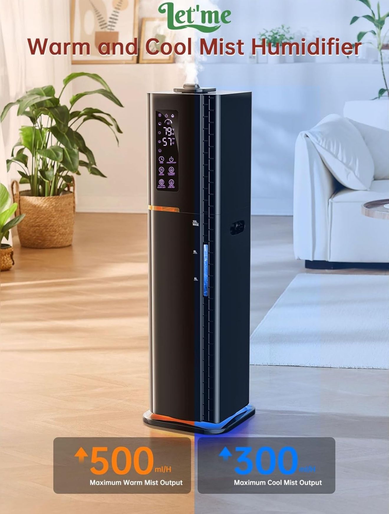 2.64Gal Humidifiers for Bedroom Large Room, Warm and Cool Mist up to 500ft²