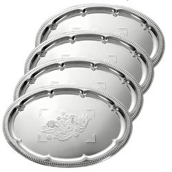 4 Pcs Large Silver Serving Trays, 15.7" x 11.8" Stainless Steel Oval Serving Tray, Decorative Silver