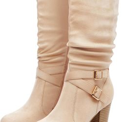 Ermonn Women's boots up to half knee with thick heel, baggy style, metal buckle, side zipper, fashionable winter shoes