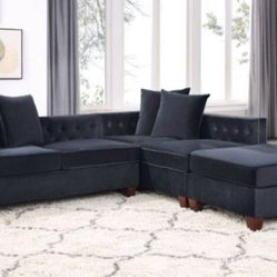Brand New Black Velvet Sectional Sofa With Ottoman 