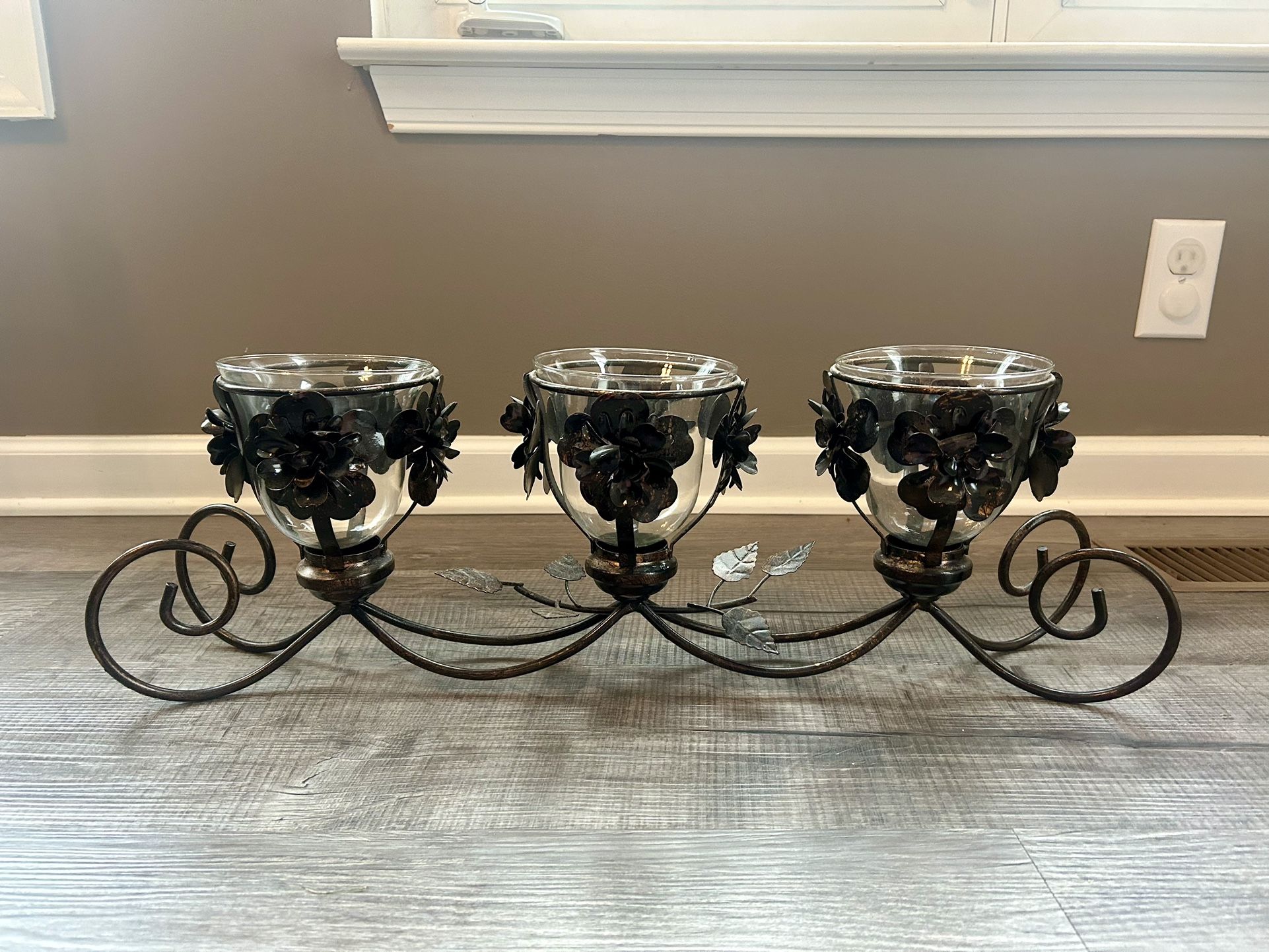 Table centerpiece w removable glass candle holders, bronze wrought iron, 25”long, 8.5” tall, oos