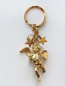 Gold plated key ring chain with angel figure and dangling stars charms and faceted clear Crystal beads charms