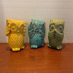 Set of 3 Colorful See, Hear, and Speak No Evil Rustic Ceramic Owls A2