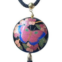 VTG Cloisonné Butterfly Floral Tassel Necklace Double Sided