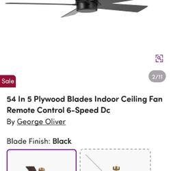 Brand New 54 Inch 5 Blade 6 speed Ceiling Fan Black On Black 
