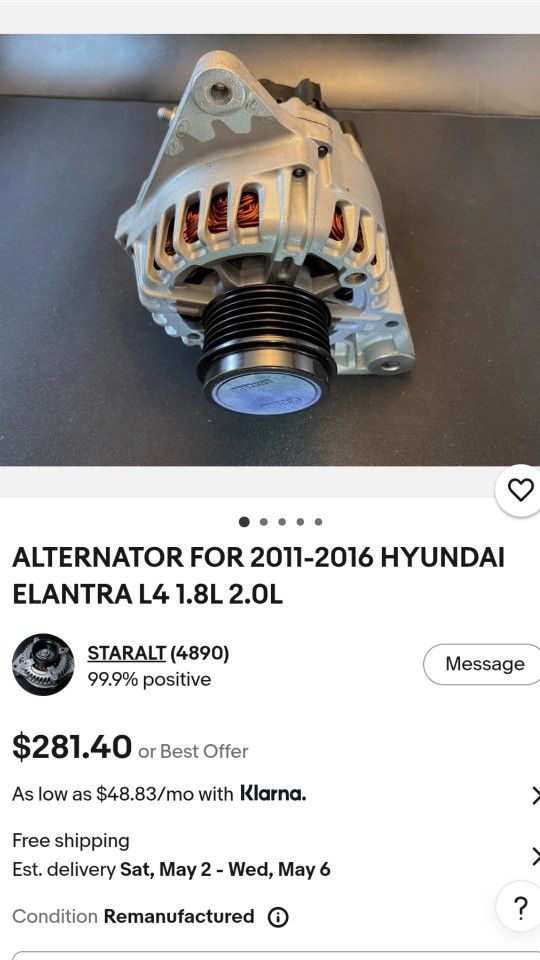 Alternator For 2011-2016 Hyundai Elantra L4 1.8L 2.0L