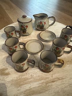 Vintage Stoneware set ( wild strawberry) 6 cups, 1 Lidded Sugar Bowl, 1 Creamer/Milk Pitcher